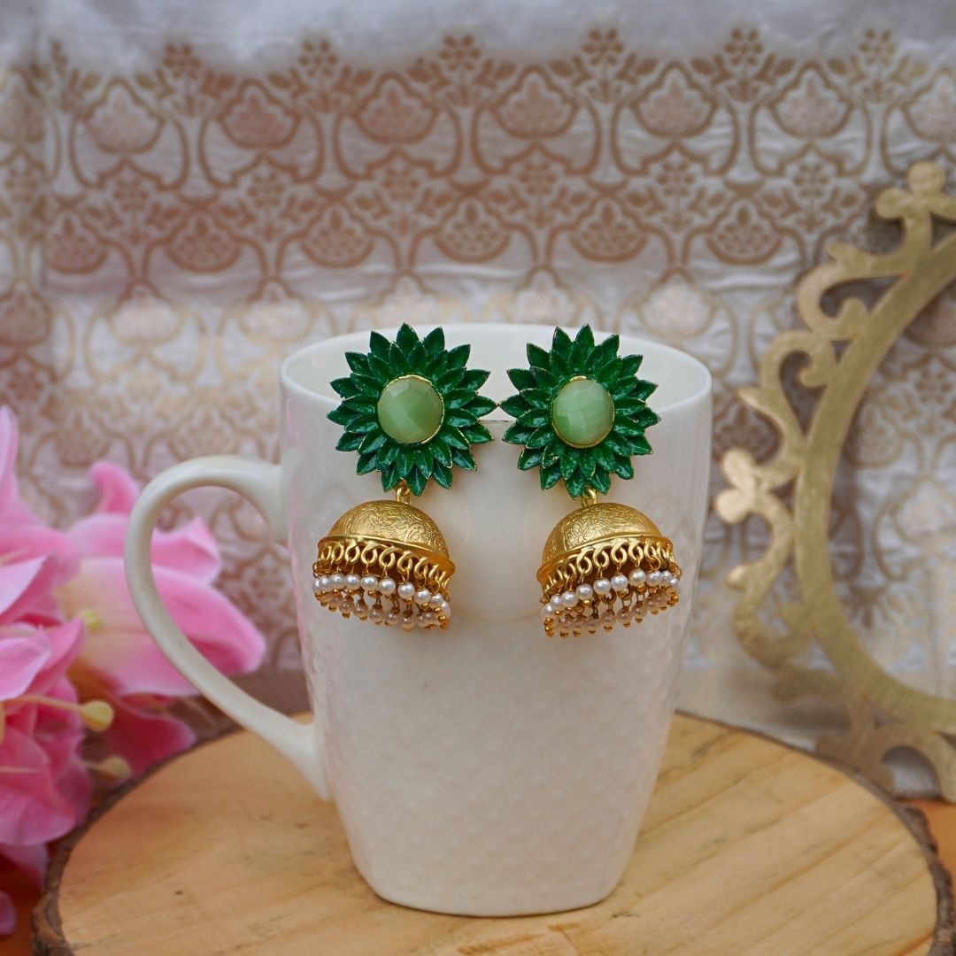 Emerald Blossom Handpainted Jhumkas