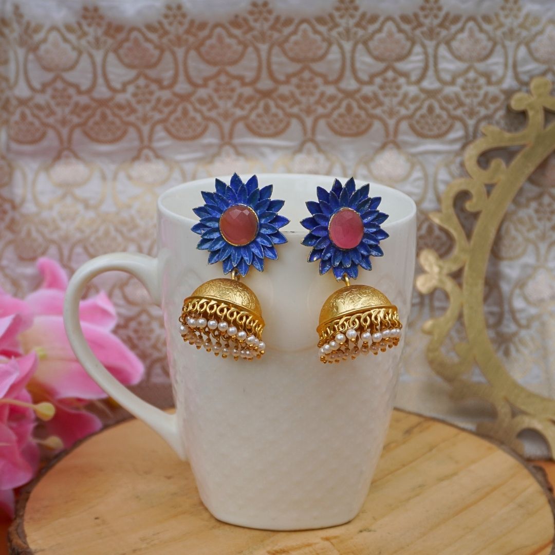 Blue Blossom Handpainted Jhumkas