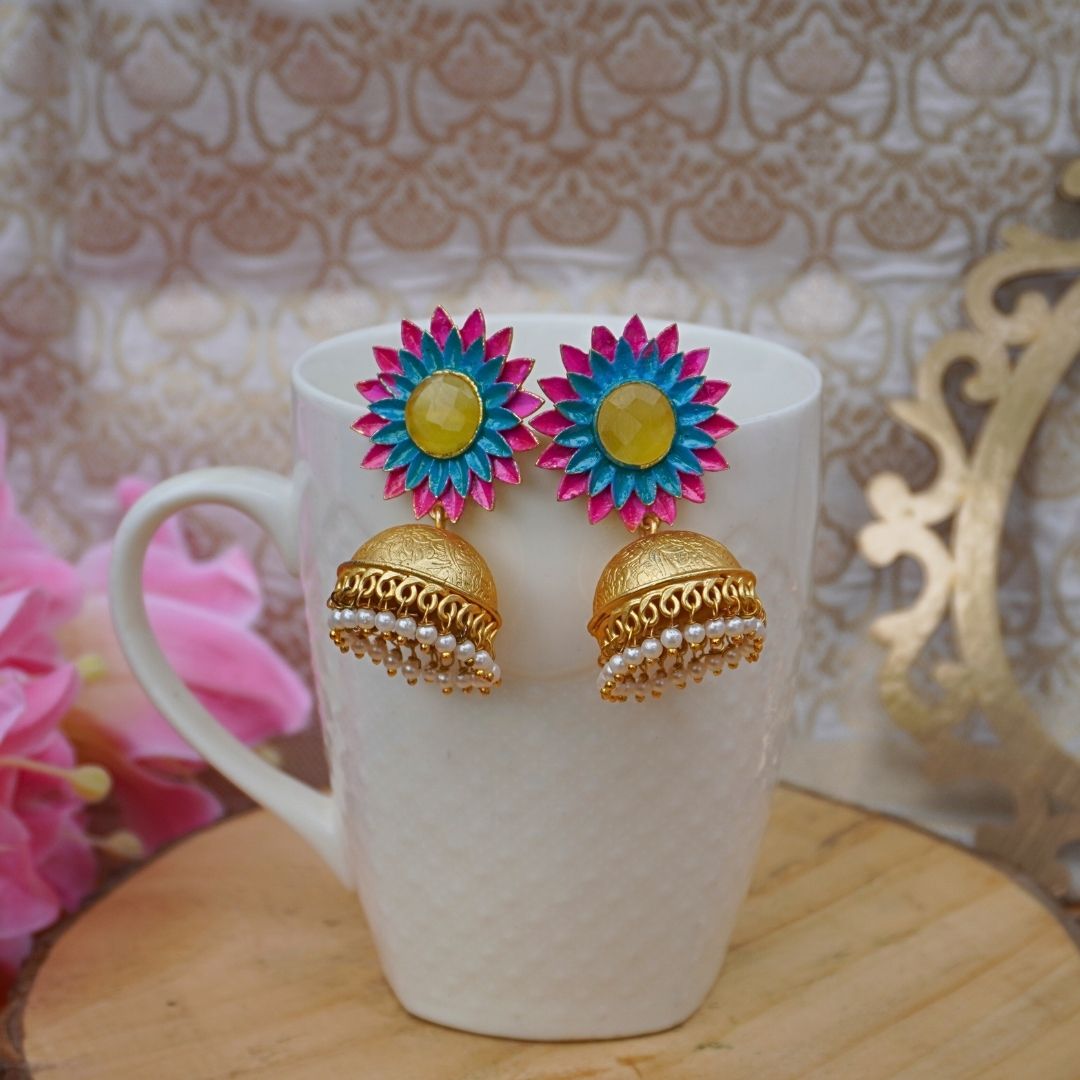 Pink Blue Blossom Handpainted Jhumkas