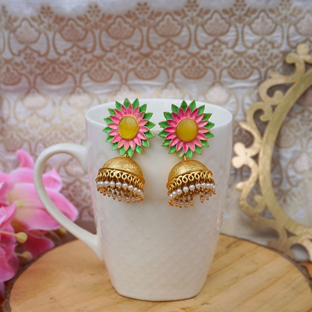 Mint Blossom Handpainted Jhumkas