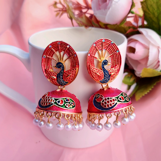 Ira Pink Peacock Matte Jhumkas