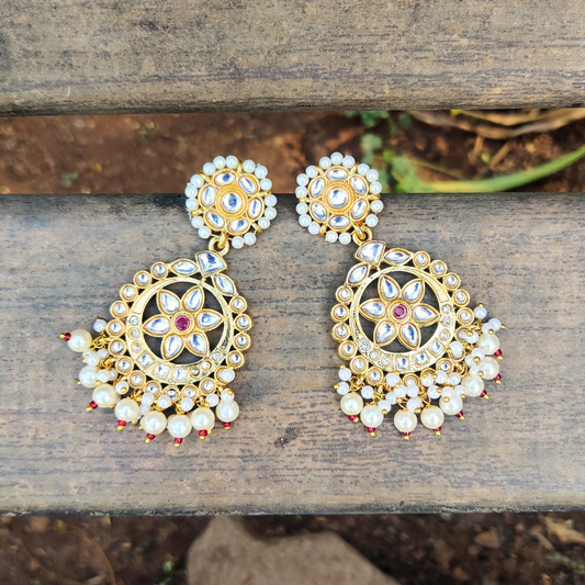 Golden Kundan Pearl Chandbali Earrings - Ethnic Elegance