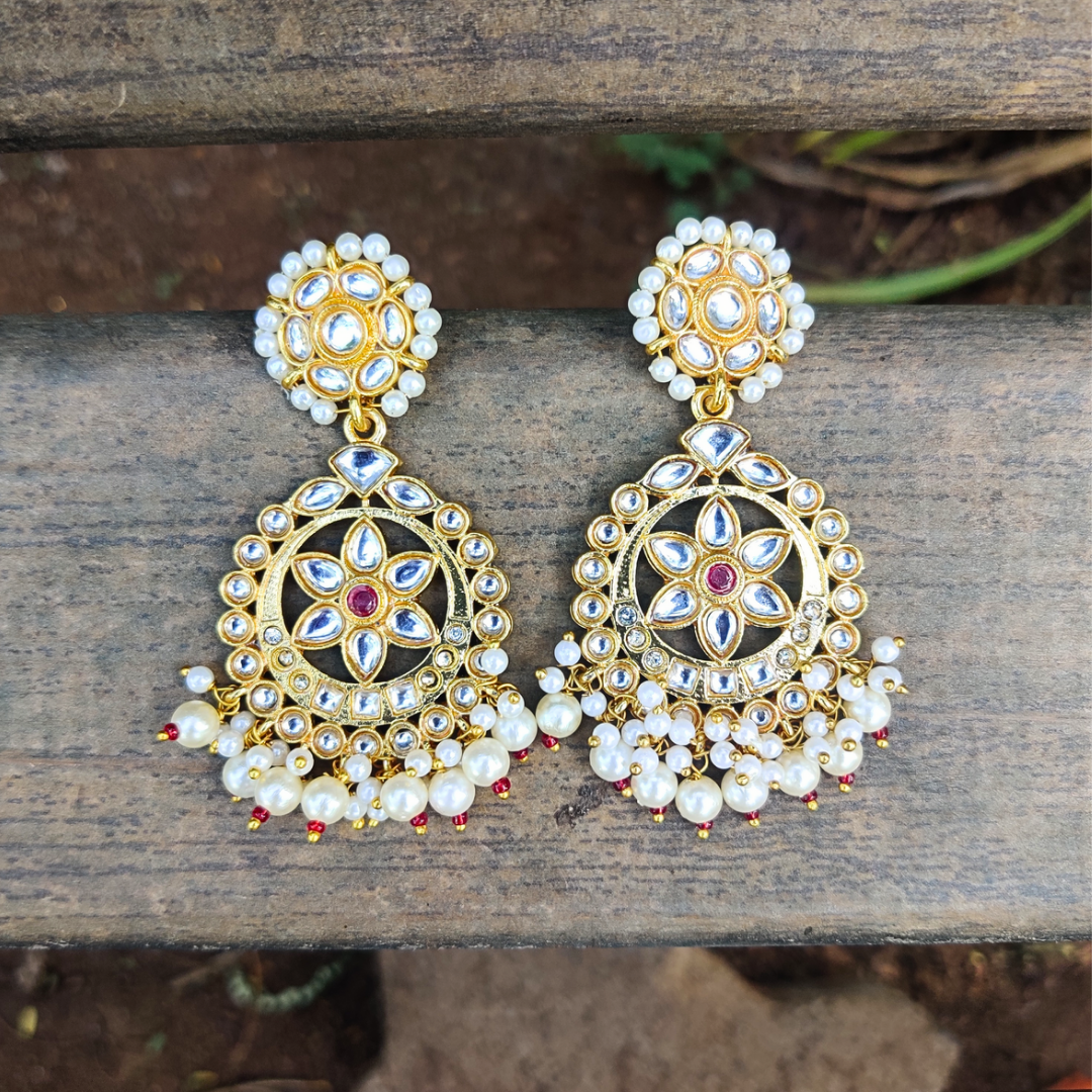 Golden Kundan Pearl Chandbali Earrings - Ethnic Elegance