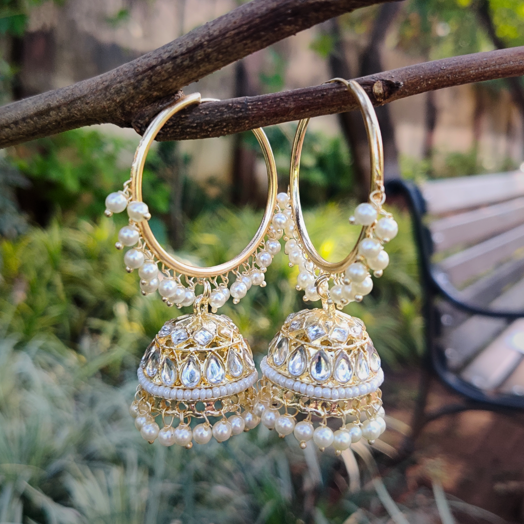 Golden Kundan Pearl Hoop Jhumkas -  - Ethnic Earrings jewellery