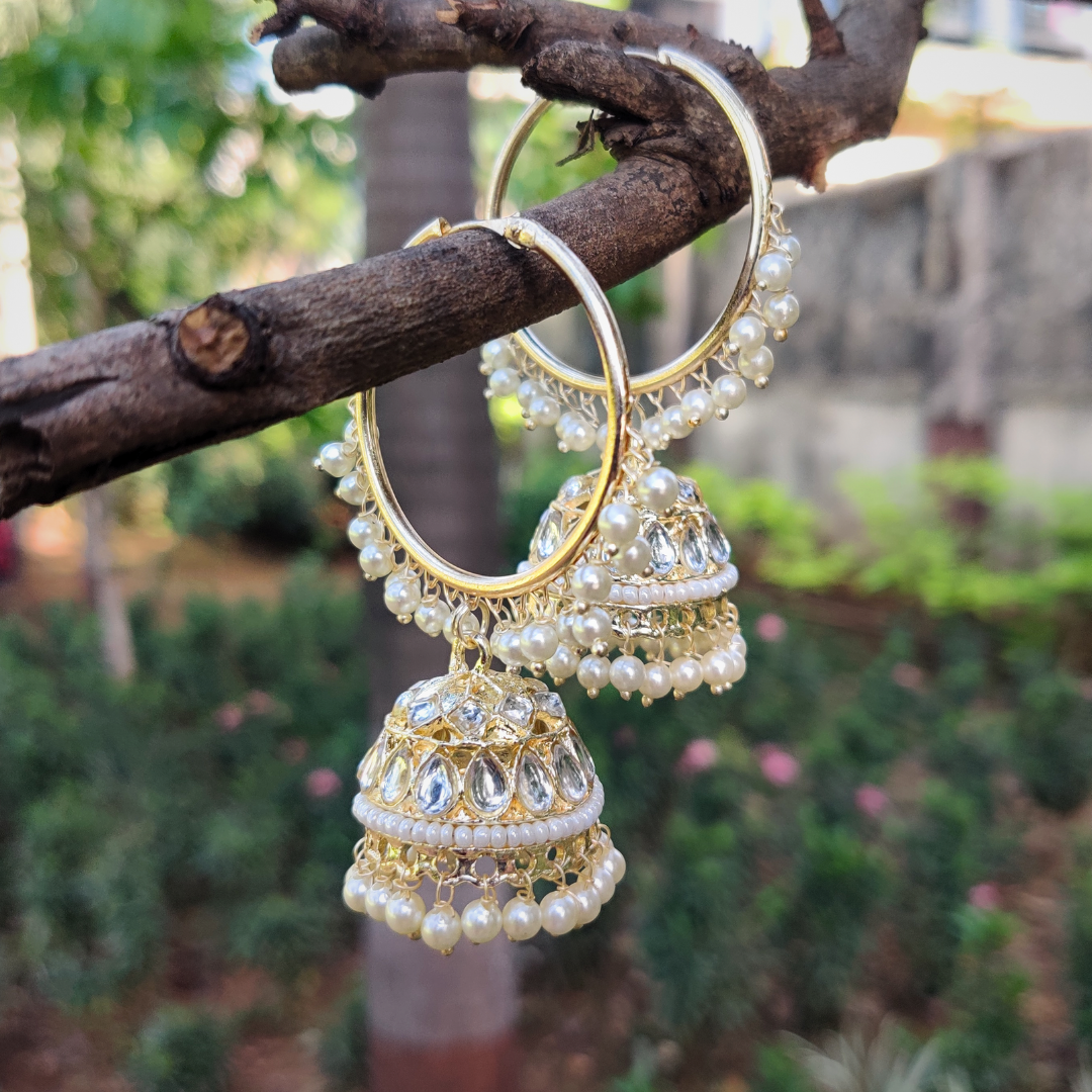 Golden Kundan Pearl Hoop Jhumkas -  - Ethnic Earrings jewellery