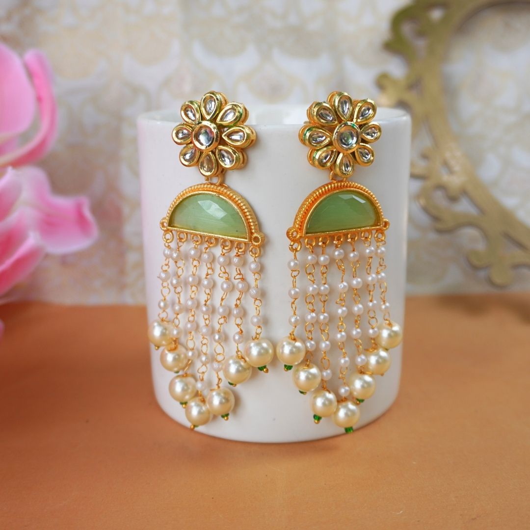 Meenakshi Mint Green Layered Pearl Earrings