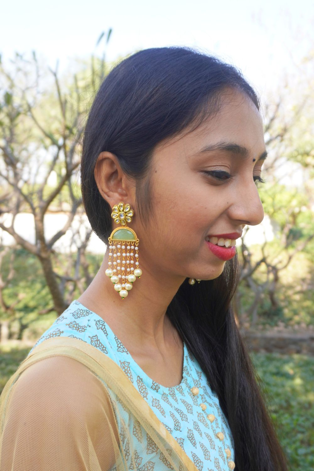 Meenakshi Mint Green Layered Pearl Earrings