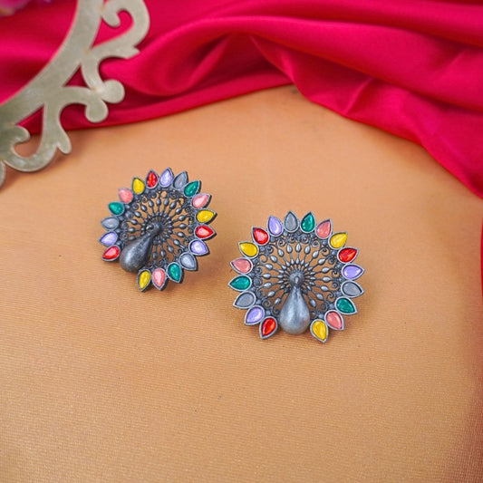 Peacock Multicolor Large Studs - Vibrant Ethnic Earrings
