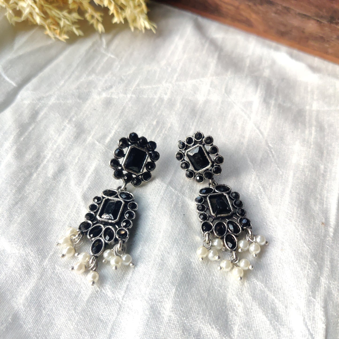 Moh Black Drop Earrings - Elegant Oxidised Jewellery