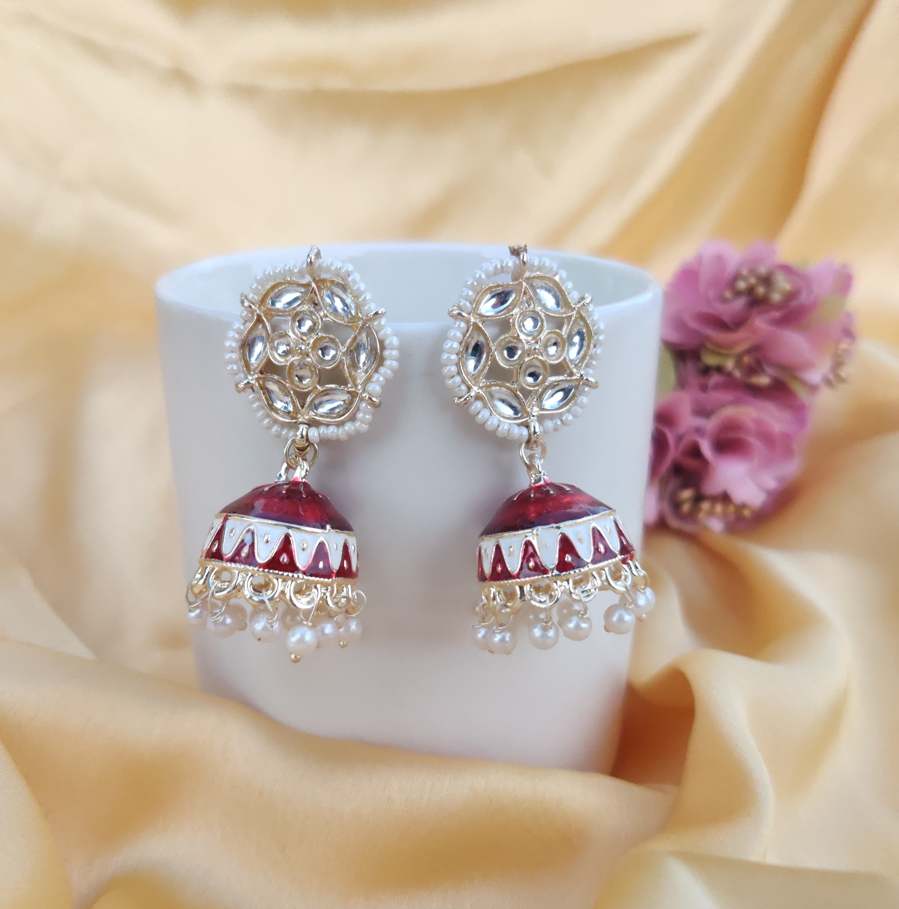 Enchanting AD & CZ Stone Embedded Circle Design Red Meenakari Jhumka  Earrings -