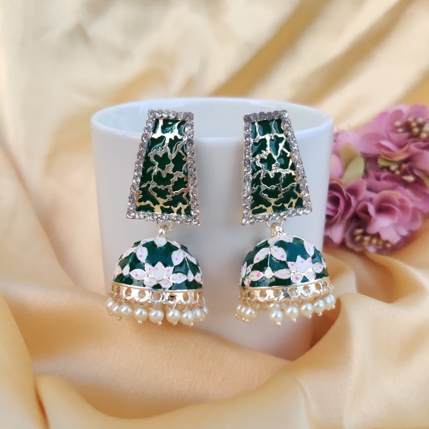 Barkha Emerald Meenakari Jhumkas - Ethnic Elegance