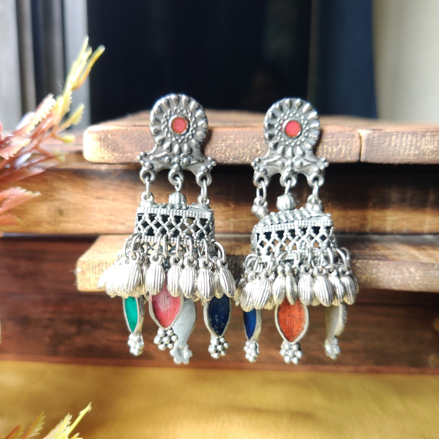 Anaya MeenaKari Oxidised Jhumkas - Elegant Ethnic Earrings